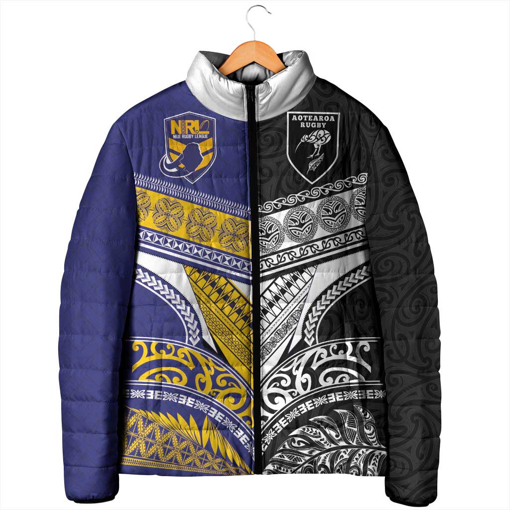 Custom Rugby Niue and Aotearoa Padded Jacket Hiapo with Maori Moko Tribal Heritage Tattoos LT03 - Polynesian Pride