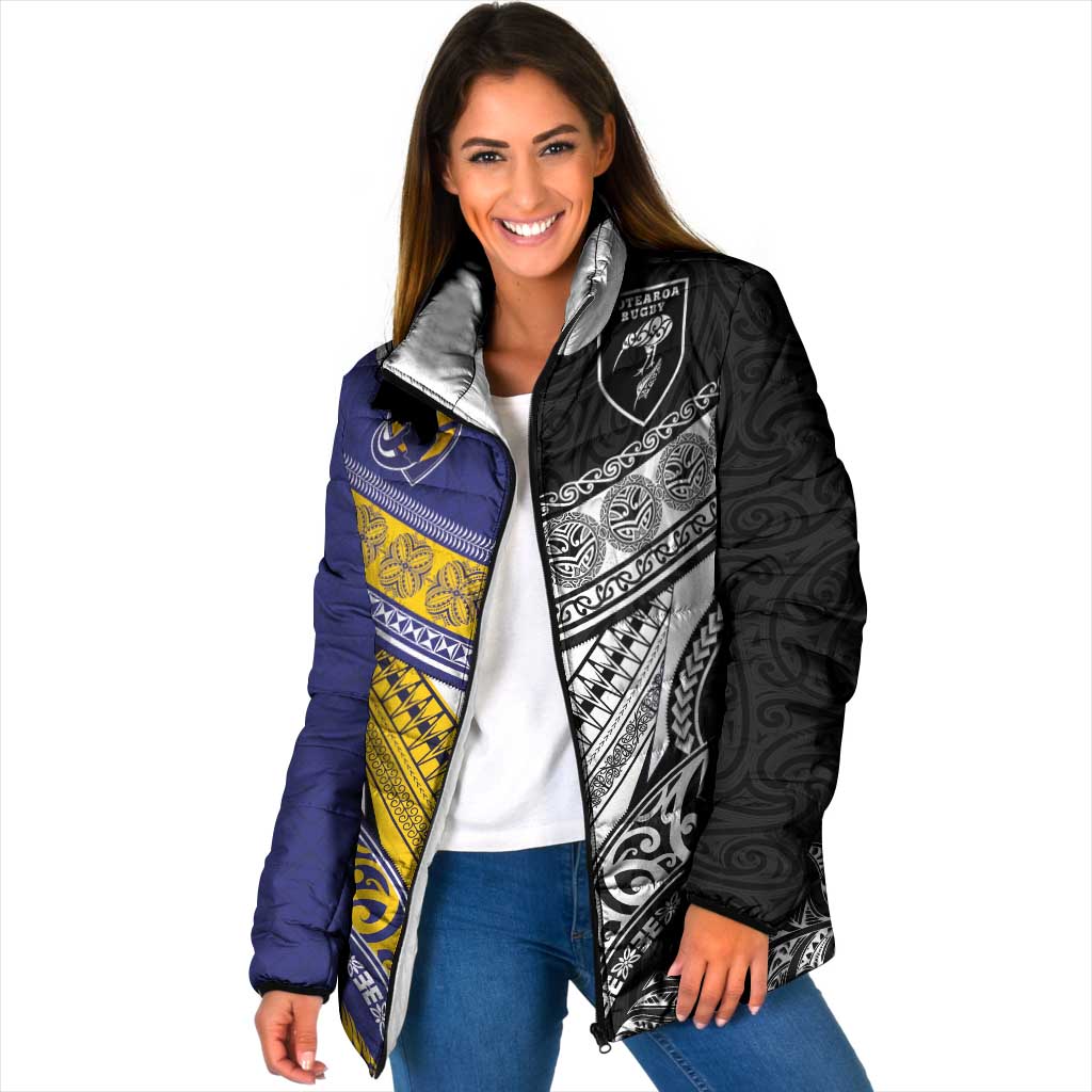 Custom Rugby Niue and Aotearoa Padded Jacket Hiapo with Maori Moko Tribal Heritage Tattoos LT03 Women Black - Polynesian Pride