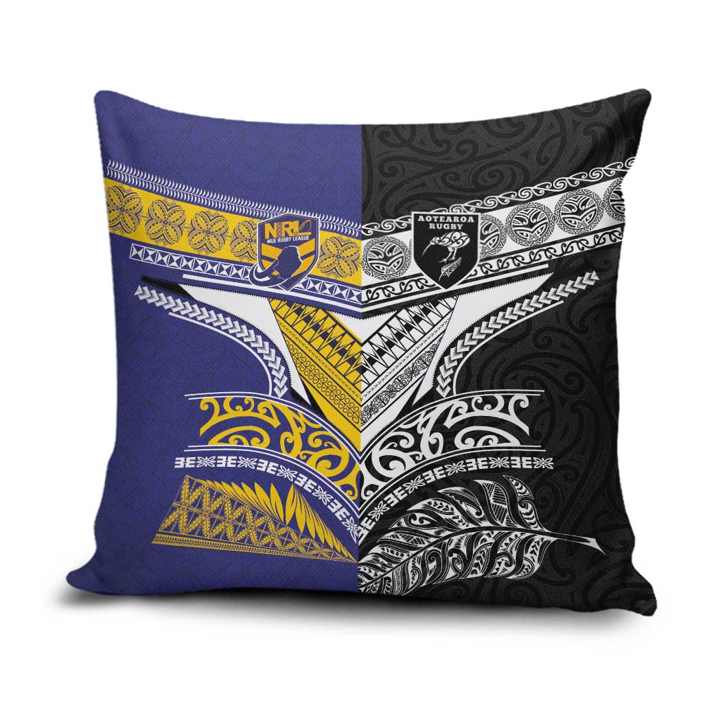 Rugby Niue and Aotearoa Pillow Cover Hiapo with Maori Moko Tribal Heritage Tattoos LT03 Black - Polynesian Pride