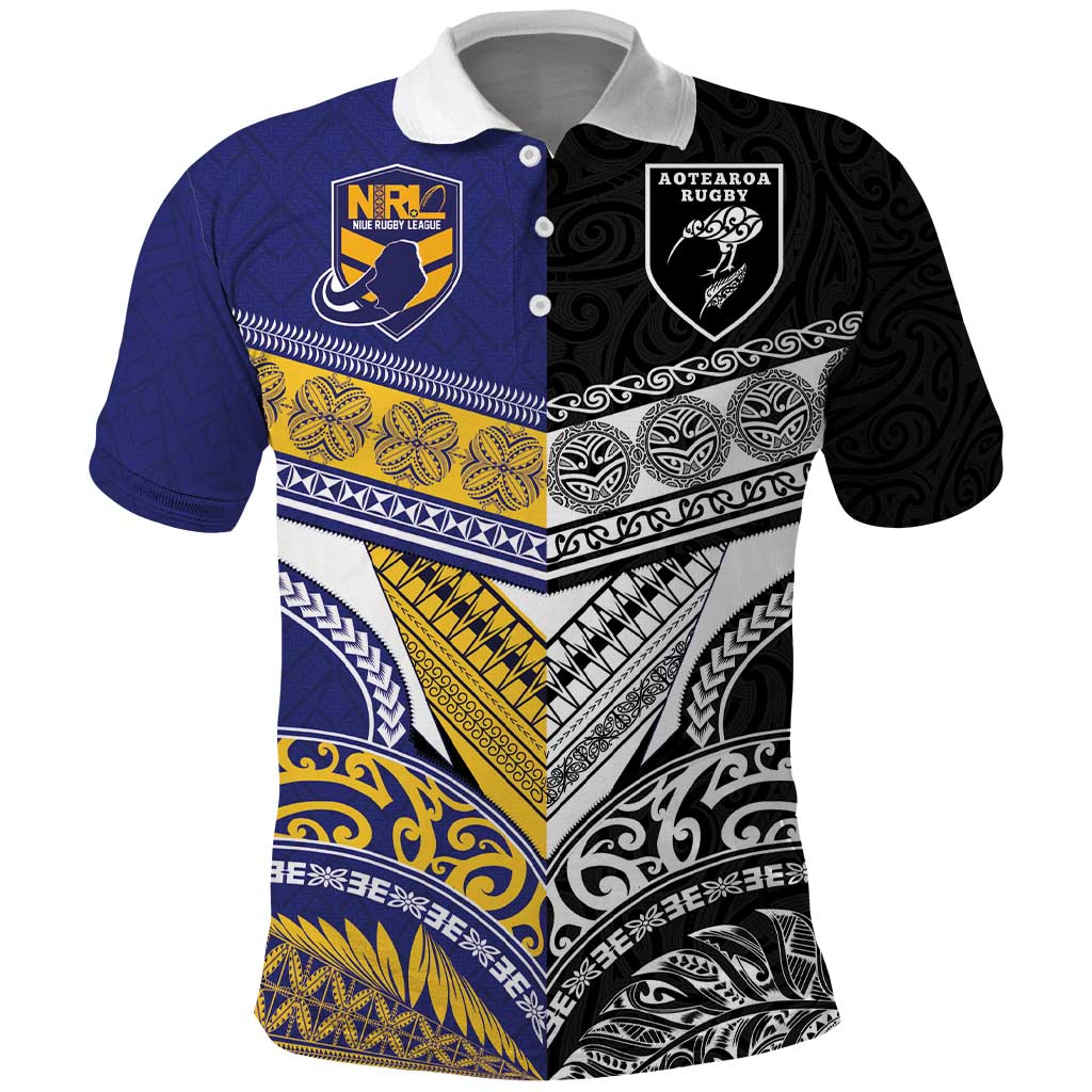 Custom Rugby Niue and Aotearoa Polo Shirt Hiapo with Maori Moko Tribal Heritage Tattoos - Polynesian Pride