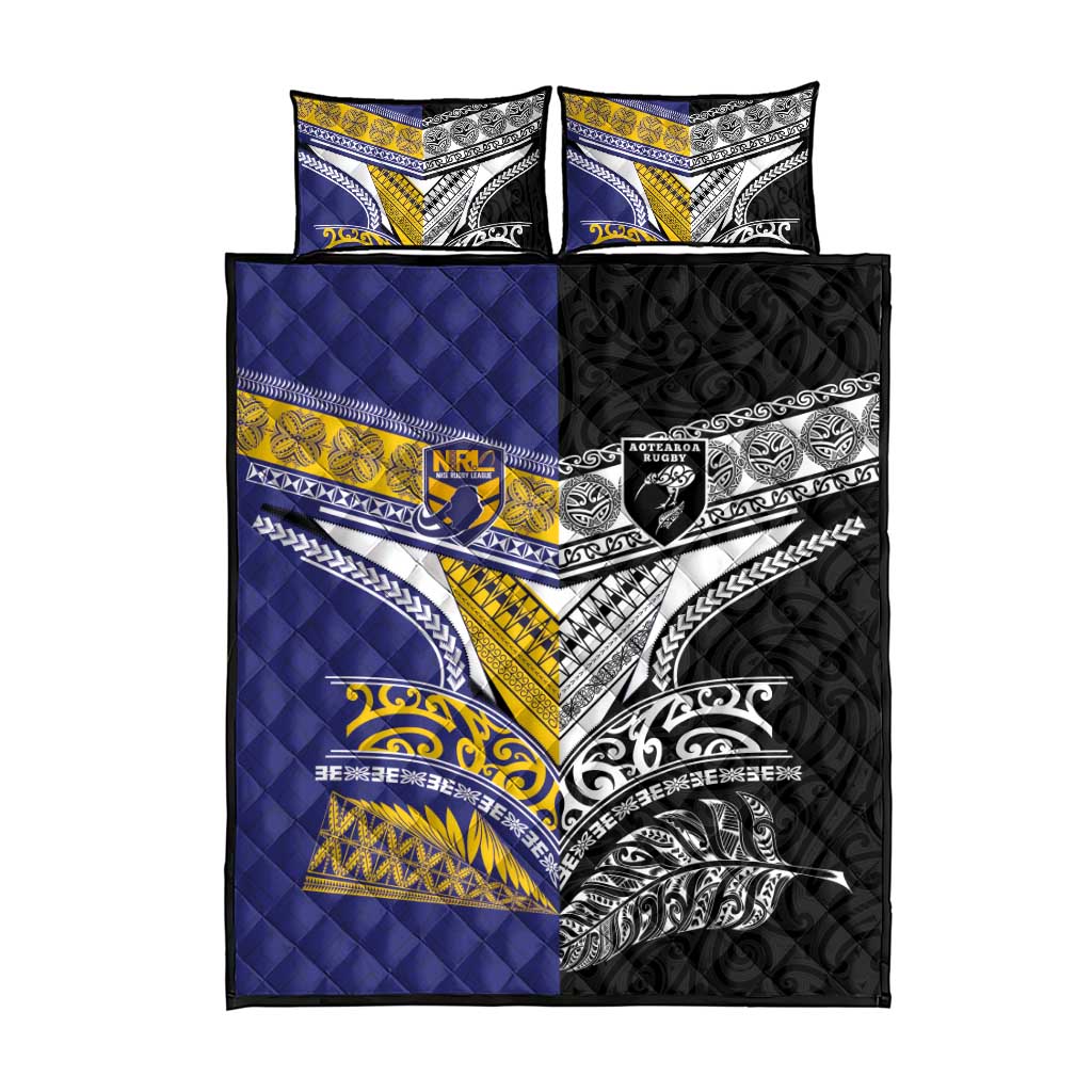 Rugby Niue and Aotearoa Quilt Bed Set Hiapo with Maori Moko Tribal Heritage Tattoos LT03 - Polynesian Pride