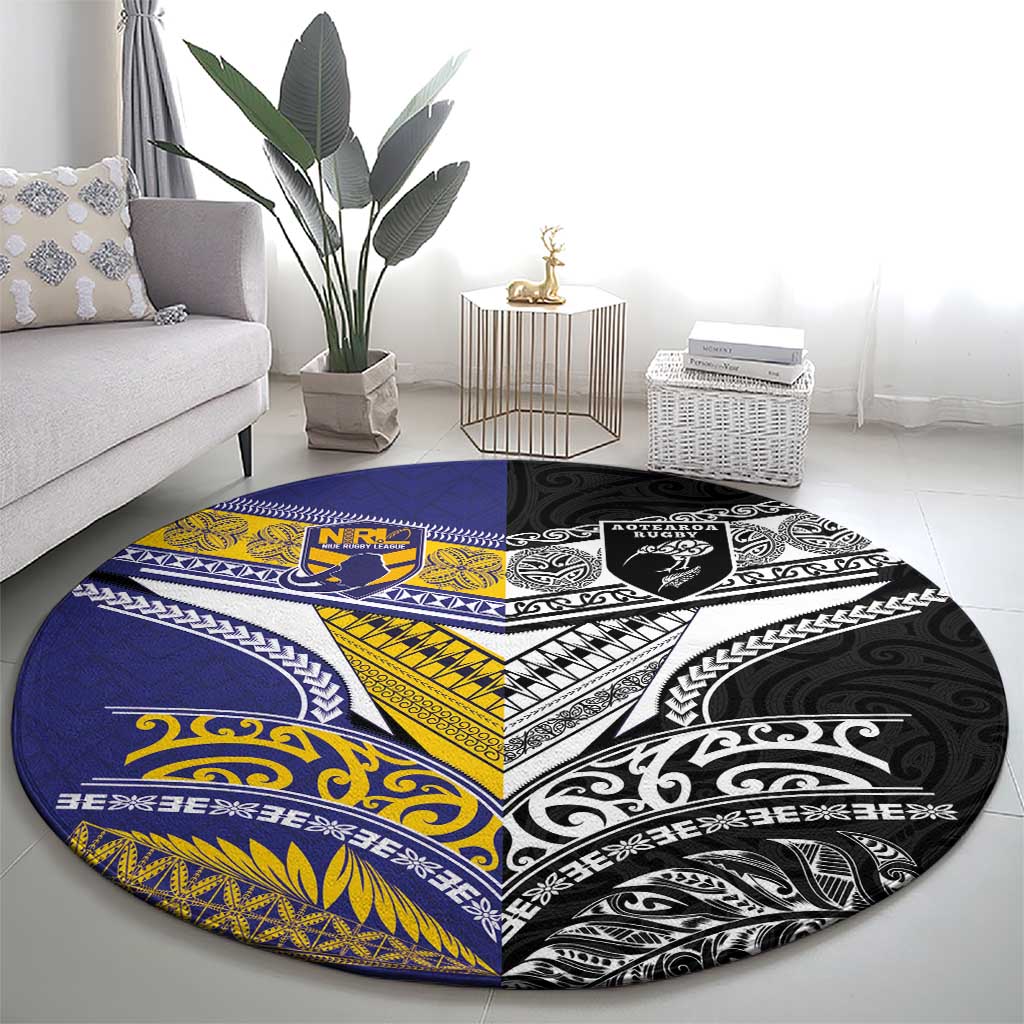 Rugby Niue and Aotearoa Round Carpet Hiapo with Maori Moko Tribal Heritage Tattoos LT03 - Polynesian Pride