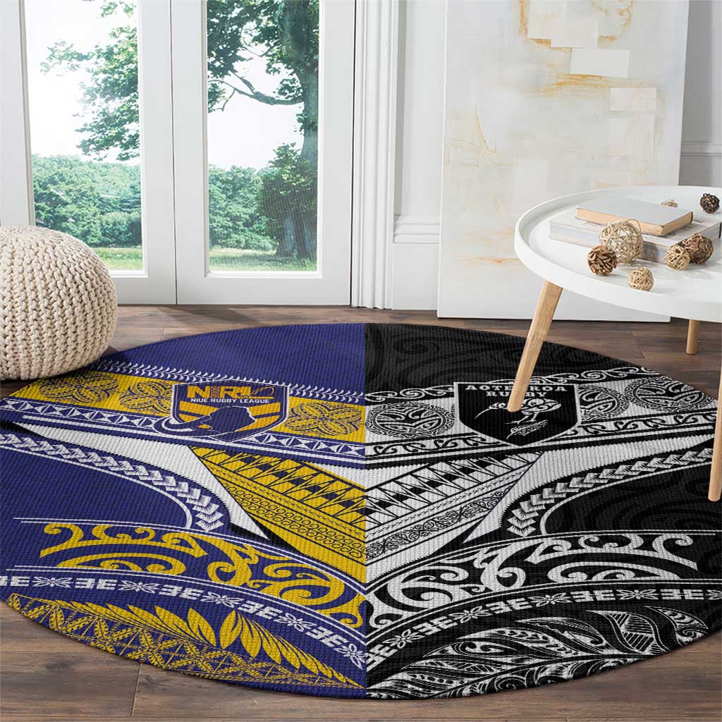 Rugby Niue and Aotearoa Round Carpet Hiapo with Maori Moko Tribal Heritage Tattoos LT03 - Polynesian Pride