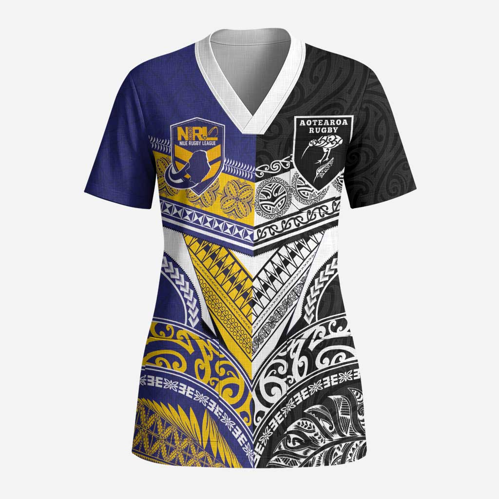 Custom Rugby Niue and Aotearoa Scrub Top Hiapo with Maori Moko Tribal Heritage Tattoos LT03 Adult Black - Polynesian Pride