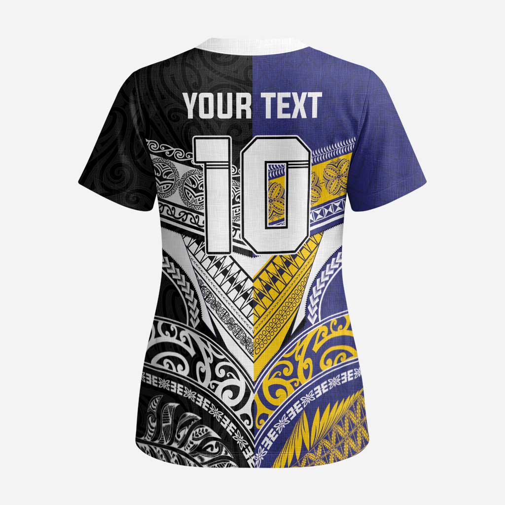 Custom Rugby Niue and Aotearoa Scrub Top Hiapo with Maori Moko Tribal Heritage Tattoos LT03 - Polynesian Pride