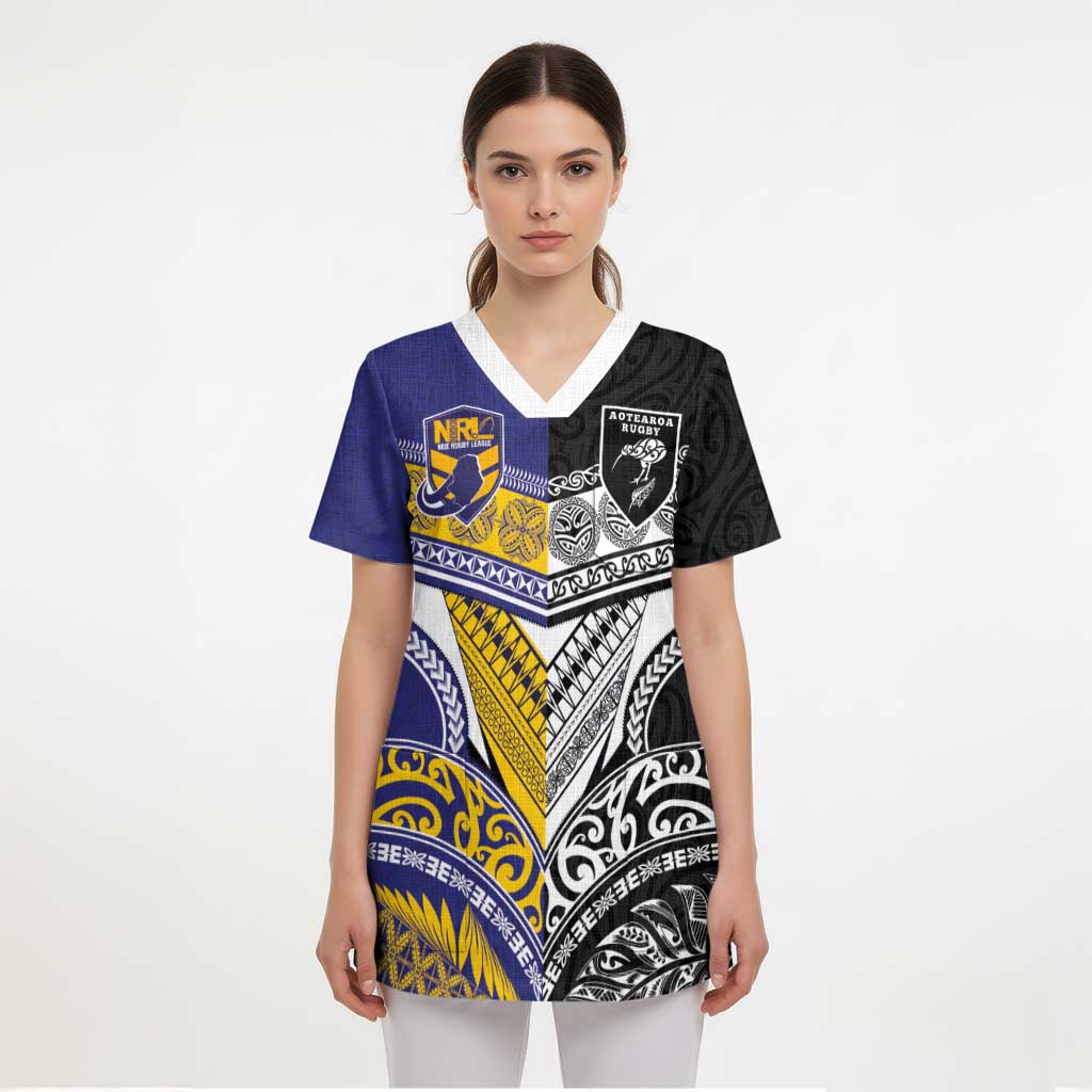 Custom Rugby Niue and Aotearoa Scrub Top Hiapo with Maori Moko Tribal Heritage Tattoos LT03 - Polynesian Pride