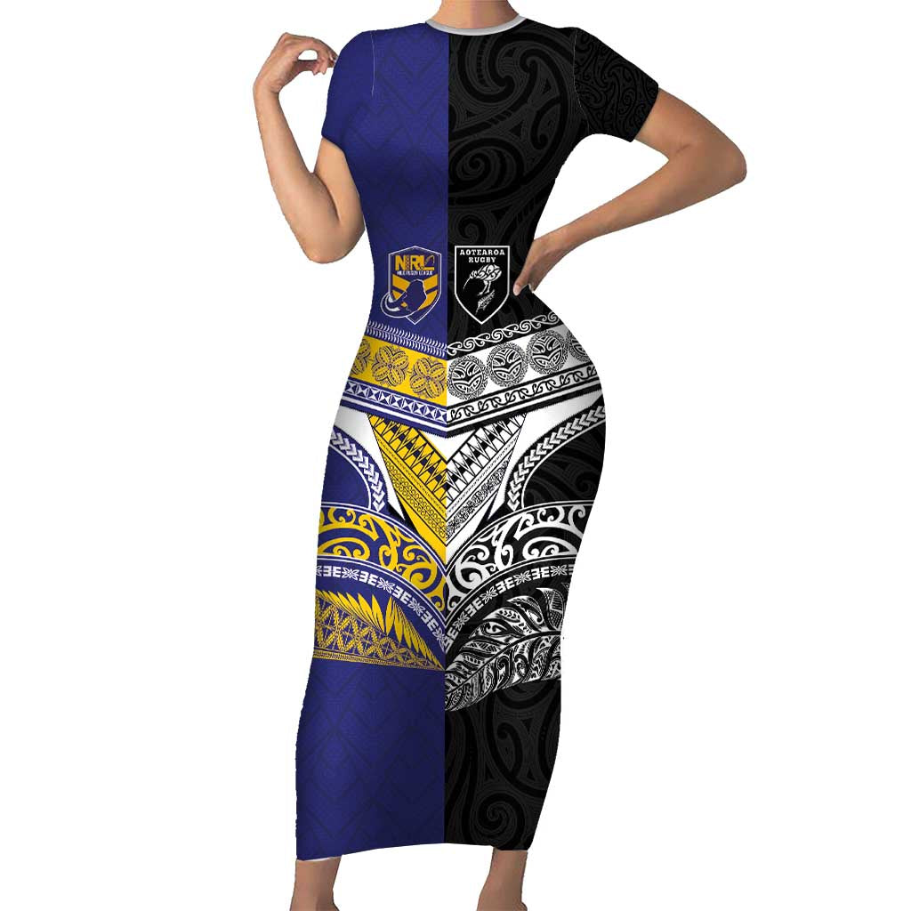 Custom Rugby Niue and Aotearoa Short Sleeve Bodycon Dress Hiapo with Maori Moko Tribal Heritage Tattoos - Polynesian Pride