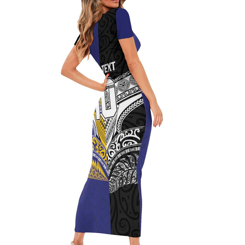 Custom Rugby Niue and Aotearoa Short Sleeve Bodycon Dress Hiapo with Maori Moko Tribal Heritage Tattoos LT03 - Polynesian Pride