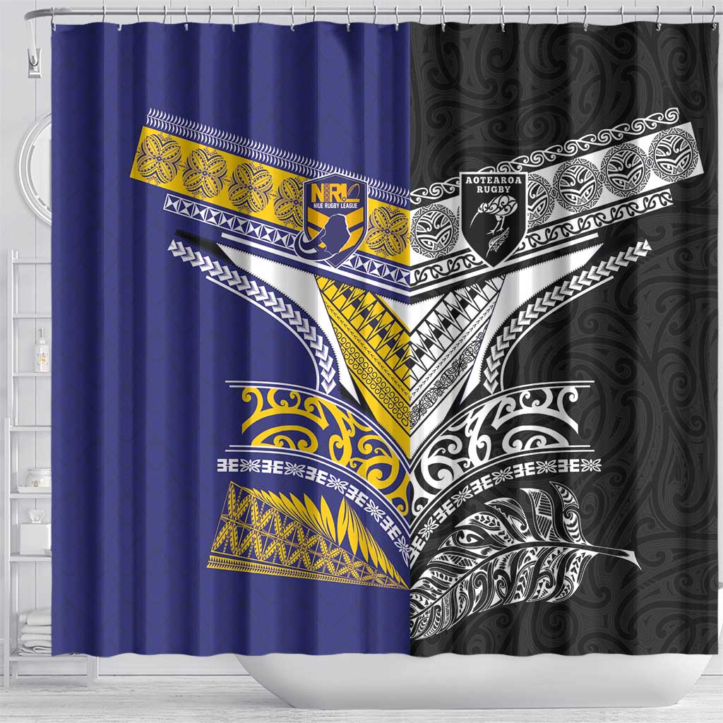 Rugby Niue and Aotearoa Shower Curtain Hiapo with Maori Moko Tribal Heritage Tattoos LT03 - Polynesian Pride