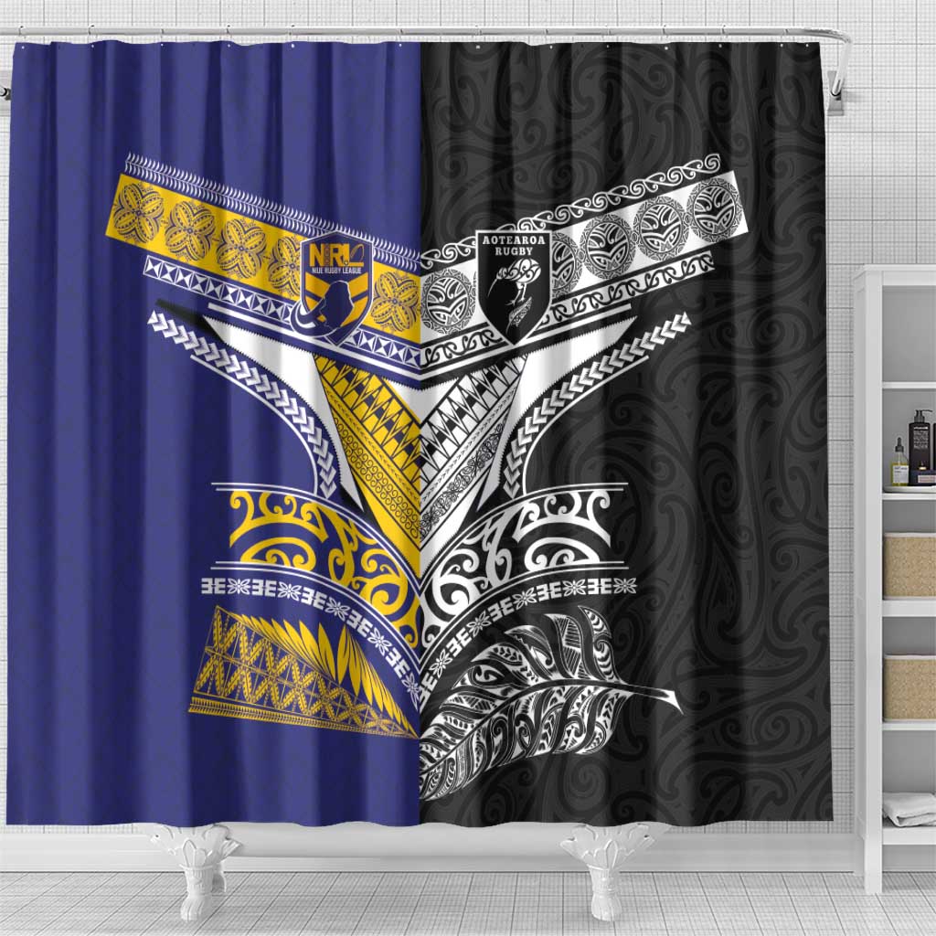 Rugby Niue and Aotearoa Shower Curtain Hiapo with Maori Moko Tribal Heritage Tattoos LT03 - Polynesian Pride