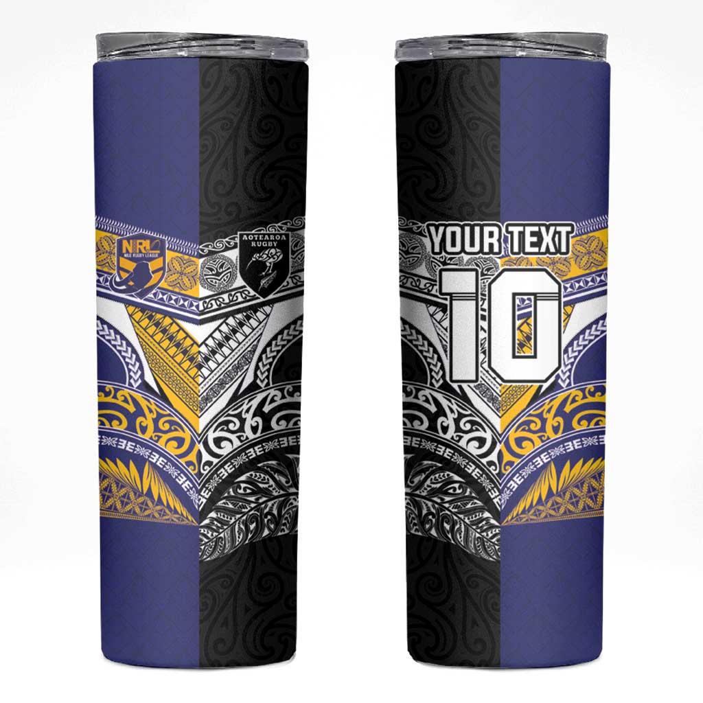 Custom Rugby Niue and Aotearoa Skinny Tumbler Hiapo with Maori Moko Tribal Heritage Tattoos LT03 Black - Polynesian Pride