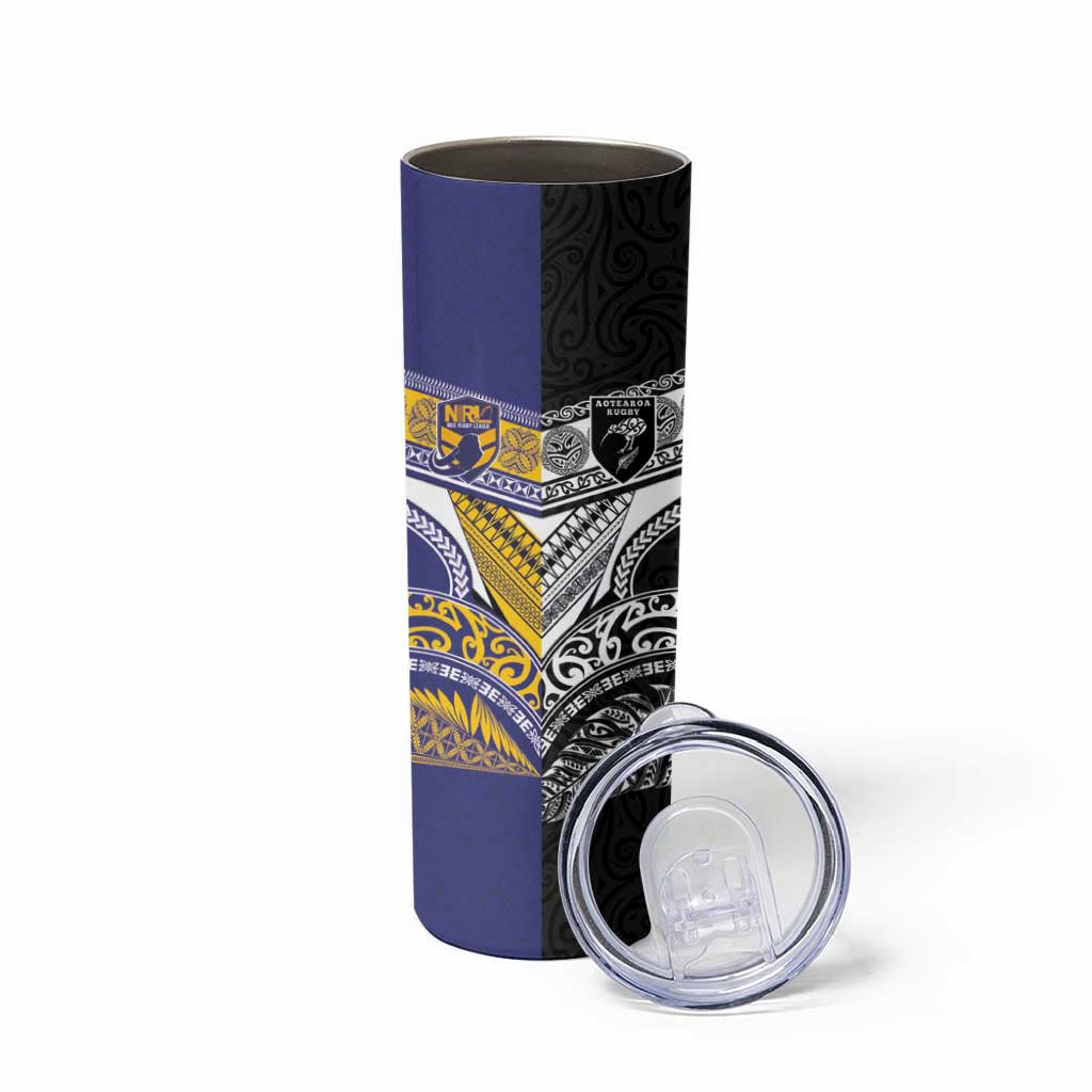 Custom Rugby Niue and Aotearoa Skinny Tumbler Hiapo with Maori Moko Tribal Heritage Tattoos LT03 - Polynesian Pride