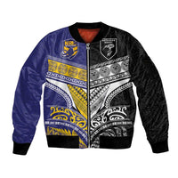 Custom Rugby Niue and Aotearoa Sleeve Zip Bomber Jacket Hiapo with Maori Moko Tribal Heritage Tattoos LT03 Unisex Black - Polynesian Pride