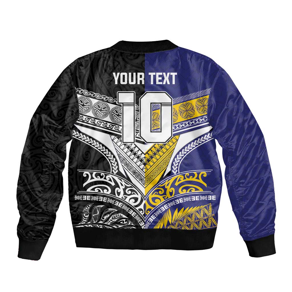 Custom Rugby Niue and Aotearoa Sleeve Zip Bomber Jacket Hiapo with Maori Moko Tribal Heritage Tattoos LT03 - Polynesian Pride