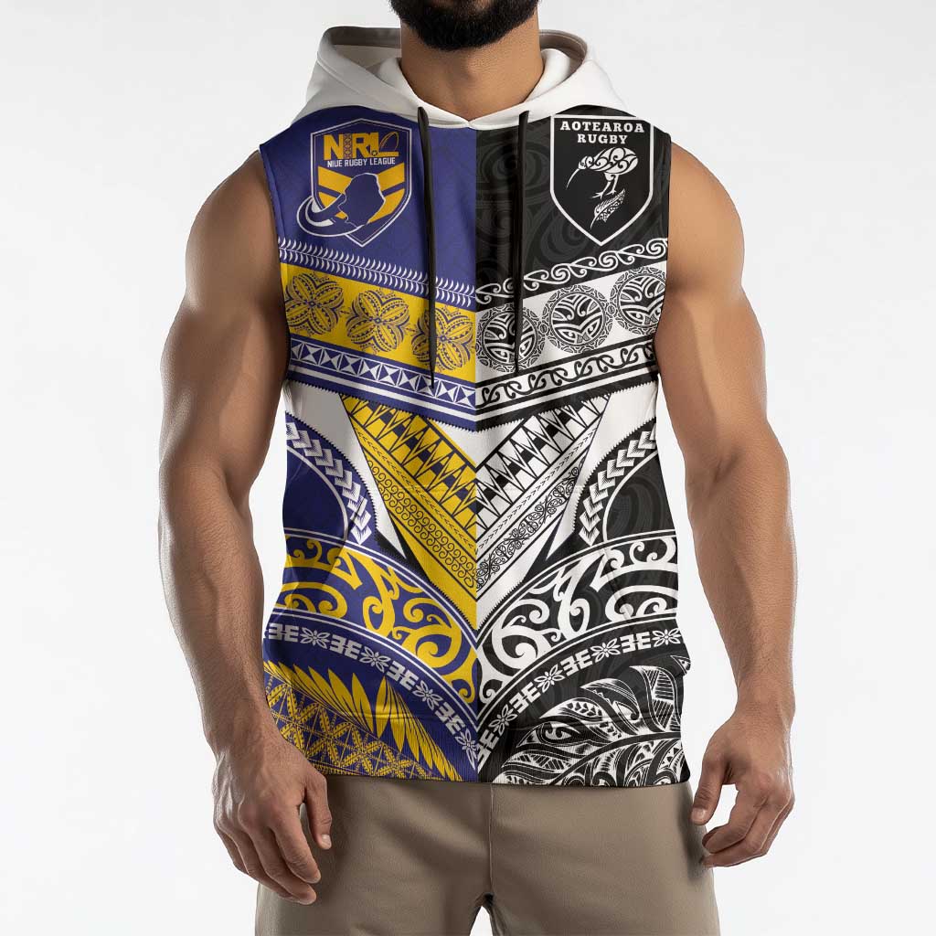 Custom Rugby Niue and Aotearoa Sleeveless Hoodie Hiapo with Maori Moko Tribal Heritage Tattoos LT03 - Polynesian Pride