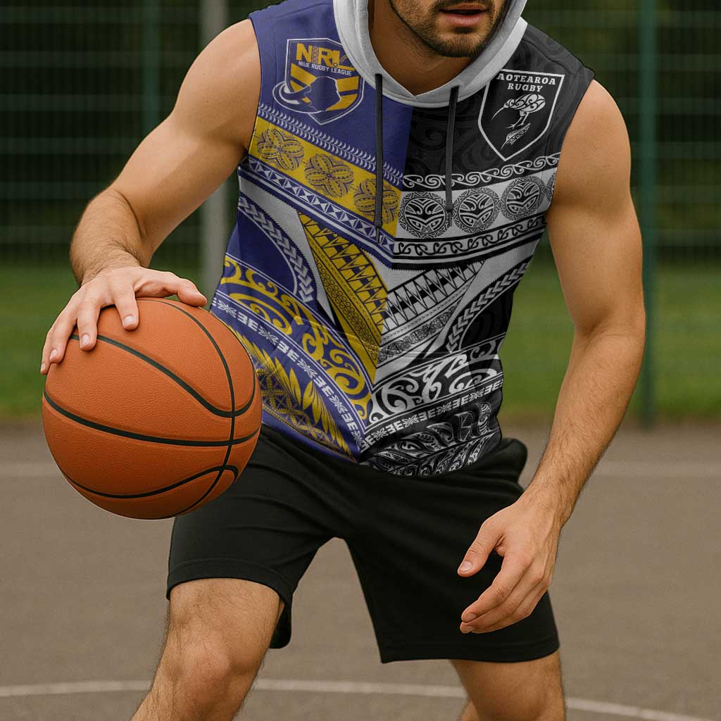 Custom Rugby Niue and Aotearoa Sleeveless Hoodie Hiapo with Maori Moko Tribal Heritage Tattoos LT03 - Polynesian Pride