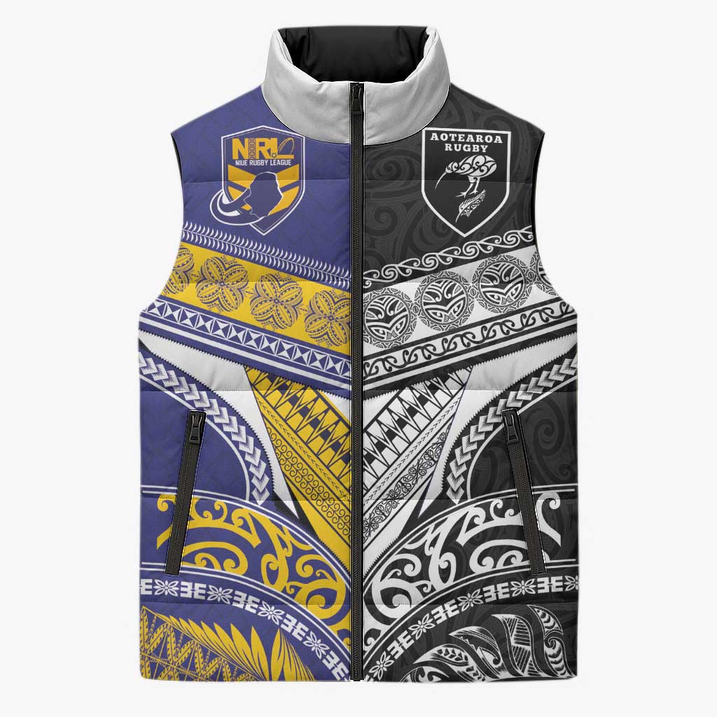 Custom Rugby Niue and Aotearoa Sleeveless Puffer Jacket Hiapo with Maori Moko Tribal Heritage Tattoos LT03 Unisex Black - Polynesian Pride
