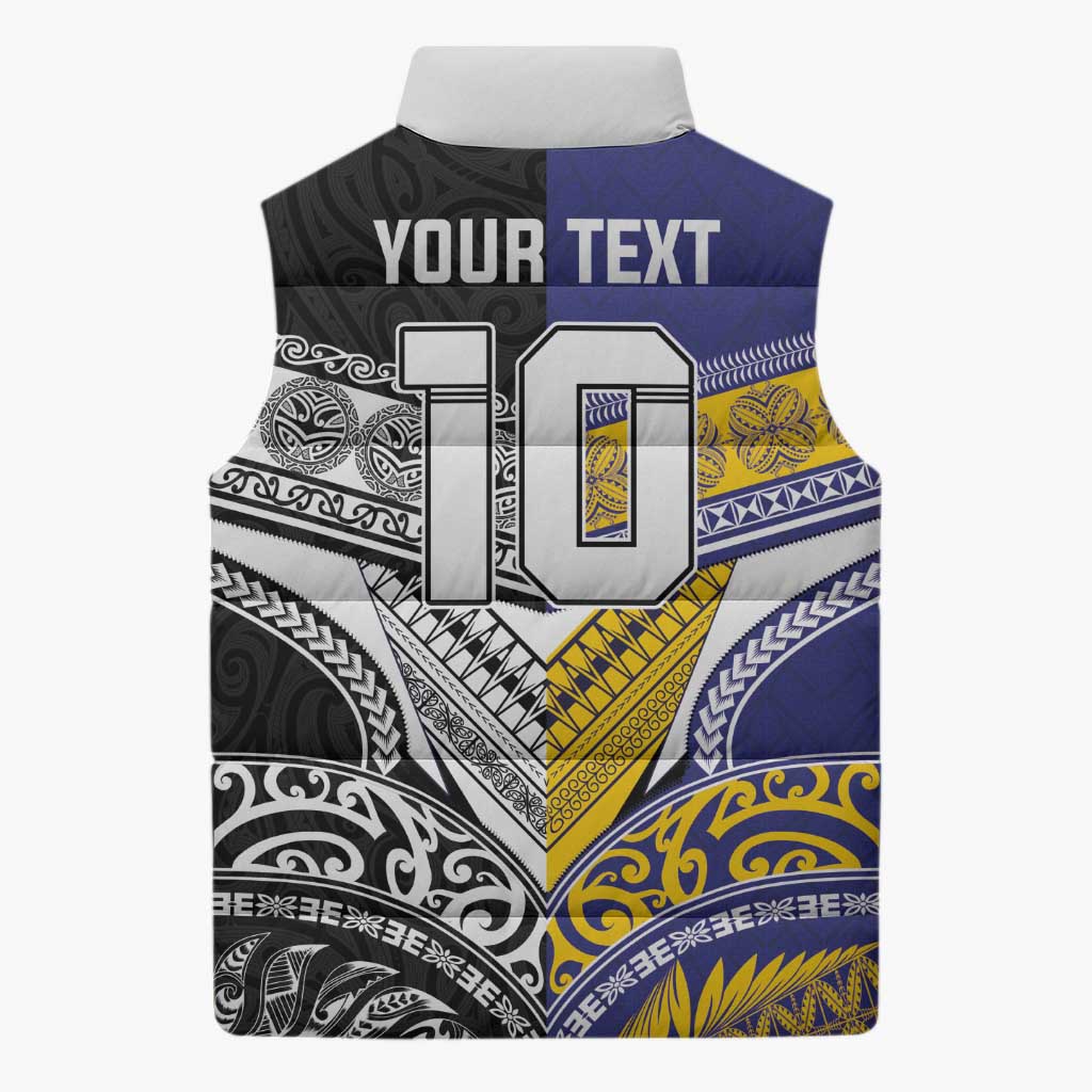 Custom Rugby Niue and Aotearoa Sleeveless Puffer Jacket Hiapo with Maori Moko Tribal Heritage Tattoos LT03 - Polynesian Pride