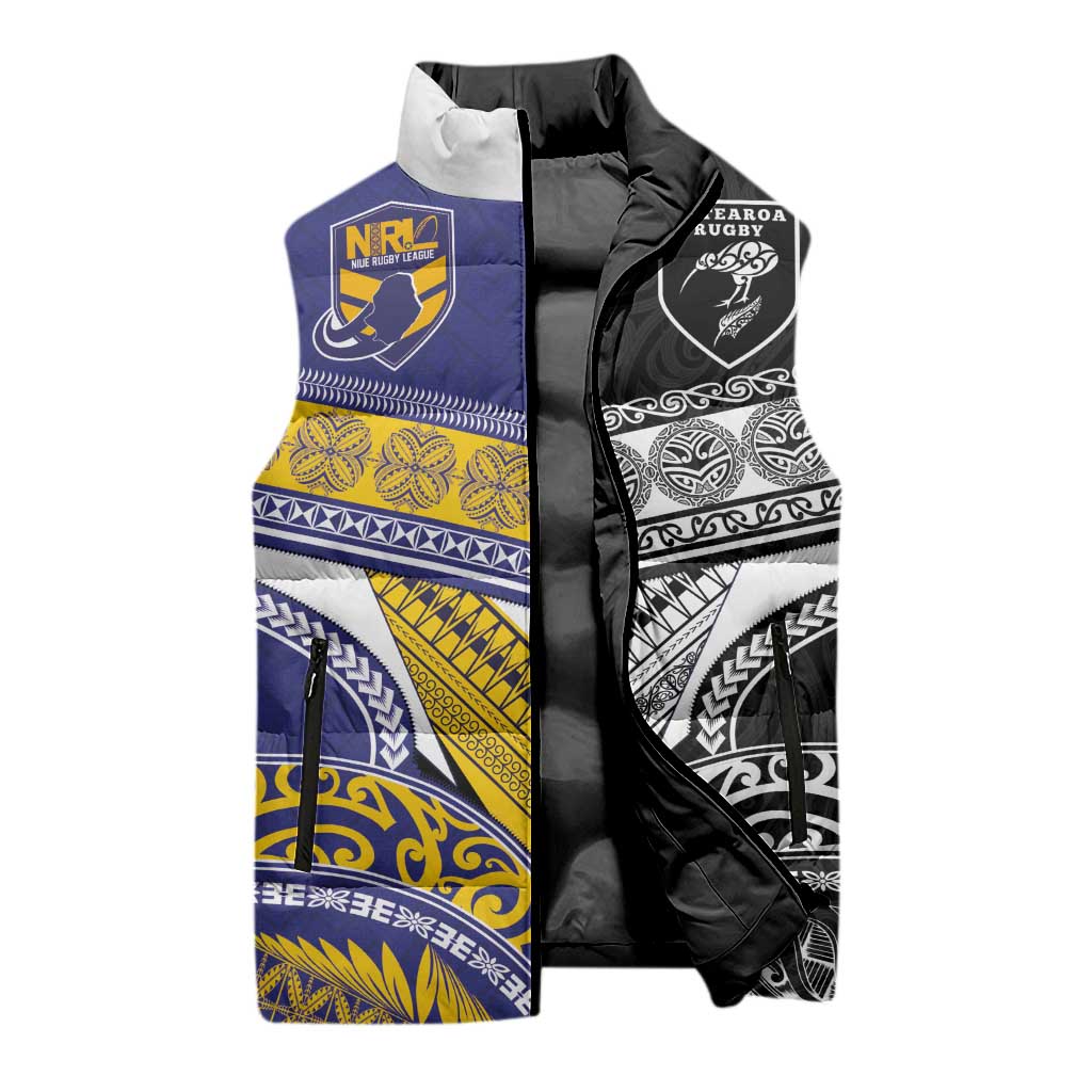 Custom Rugby Niue and Aotearoa Sleeveless Puffer Jacket Hiapo with Maori Moko Tribal Heritage Tattoos LT03 - Polynesian Pride