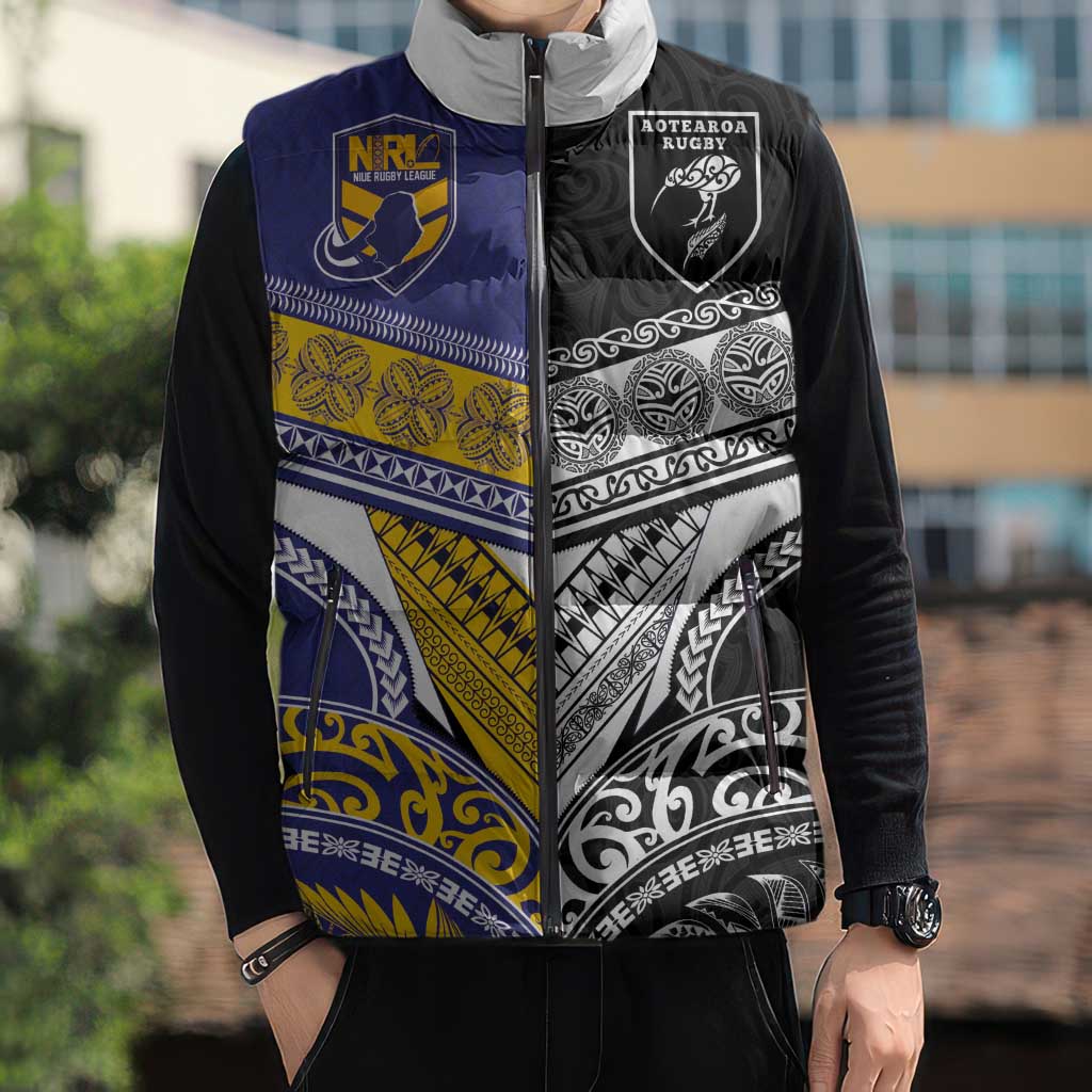 Custom Rugby Niue and Aotearoa Sleeveless Puffer Jacket Hiapo with Maori Moko Tribal Heritage Tattoos LT03 - Polynesian Pride