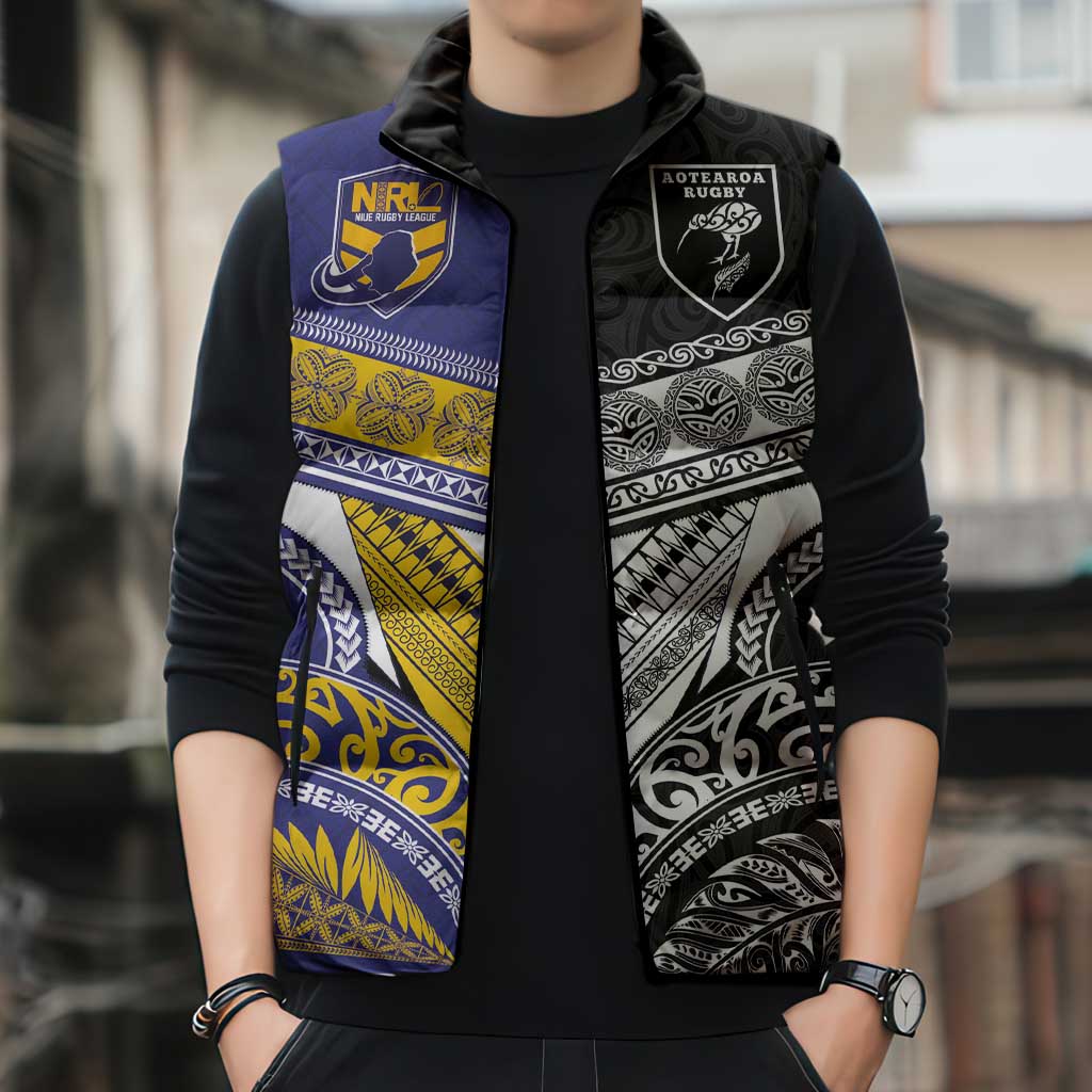 Custom Rugby Niue and Aotearoa Sleeveless Puffer Jacket Hiapo with Maori Moko Tribal Heritage Tattoos LT03 - Polynesian Pride