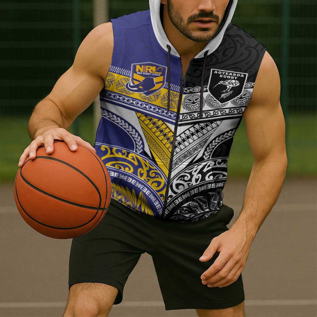 Custom Rugby Niue and Aotearoa Sleeveless Zip Hoodie Hiapo with Maori Moko Tribal Heritage Tattoos LT03 - Polynesian Pride