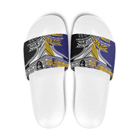 Rugby Niue and Aotearoa Slide Sandals Hiapo with Maori Moko Tribal Heritage Tattoos LT03 Black - Polynesian Pride
