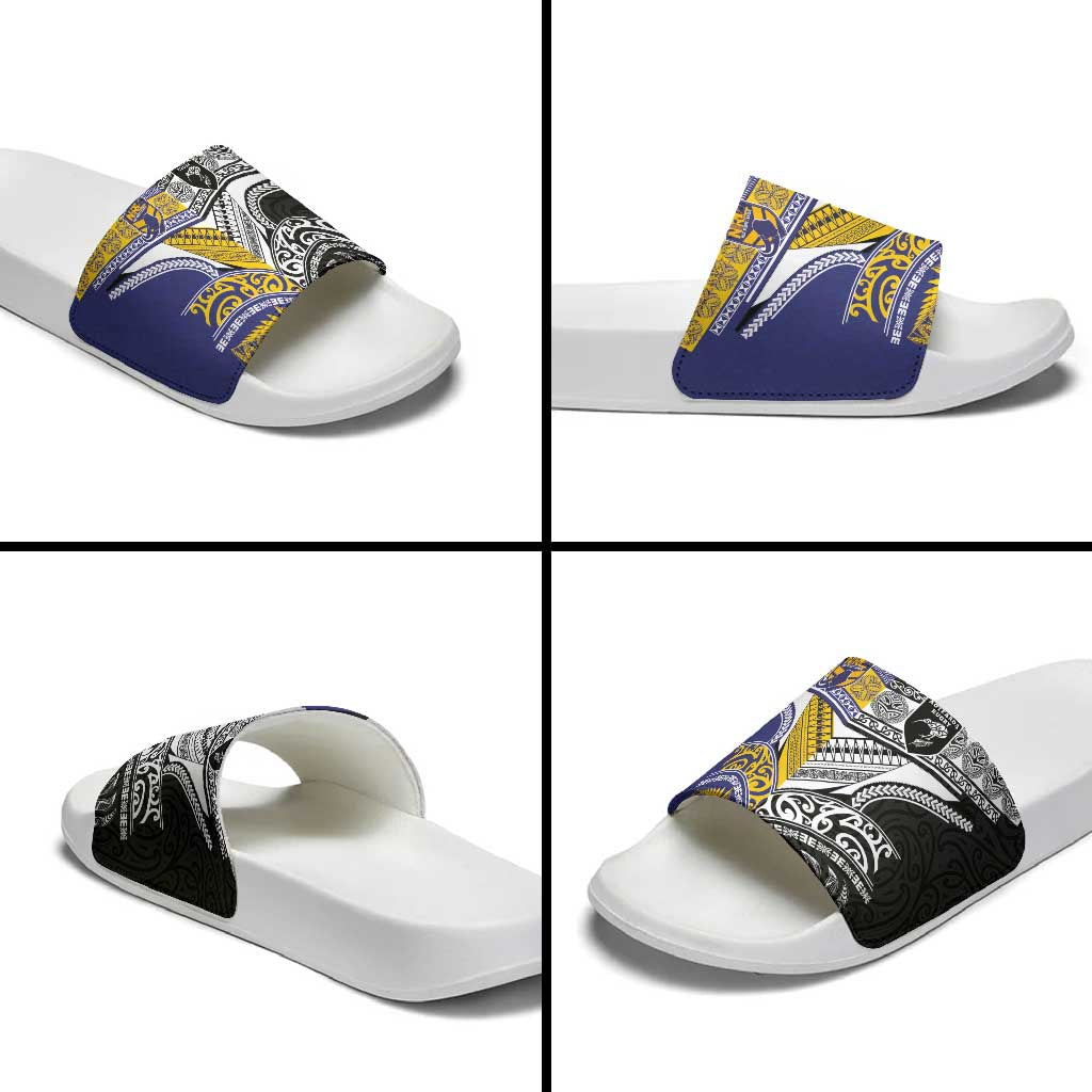 Rugby Niue and Aotearoa Slide Sandals Hiapo with Maori Moko Tribal Heritage Tattoos LT03 - Polynesian Pride
