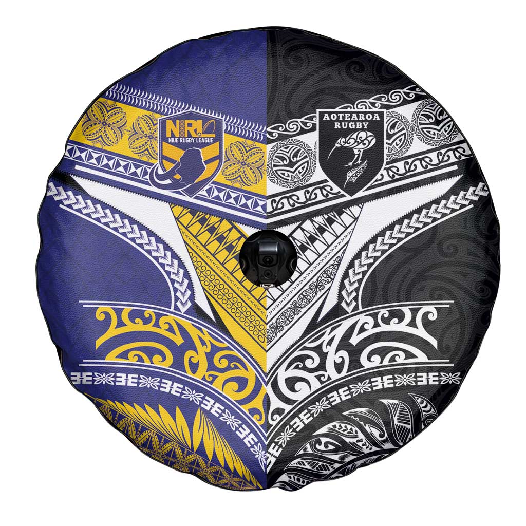 Rugby Niue and Aotearoa Spare Tire Cover Hiapo with Maori Moko Tribal Heritage Tattoos LT03 - Polynesian Pride