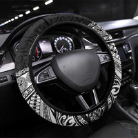 Rugby Niue and Aotearoa Steering Wheel Cover Hiapo with Maori Moko Tribal Heritage Tattoos LT03 Universal Fit Black - Polynesian Pride