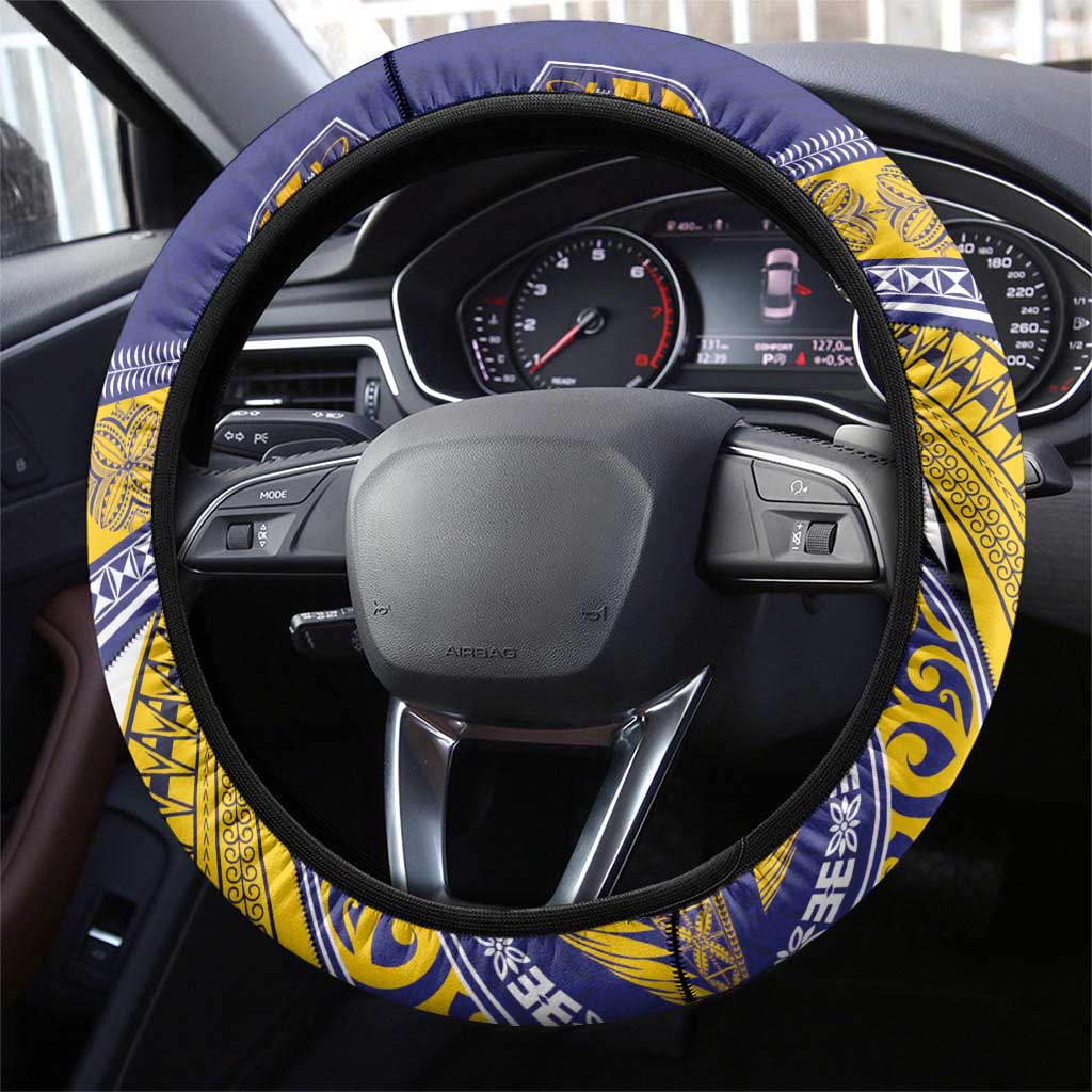 Rugby Niue and Aotearoa Steering Wheel Cover Hiapo with Maori Moko Tribal Heritage Tattoos LT03 - Polynesian Pride