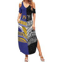 Custom Rugby Niue and Aotearoa Summer Maxi Dress Hiapo with Maori Moko Tribal Heritage Tattoos LT03 Women Black - Polynesian Pride