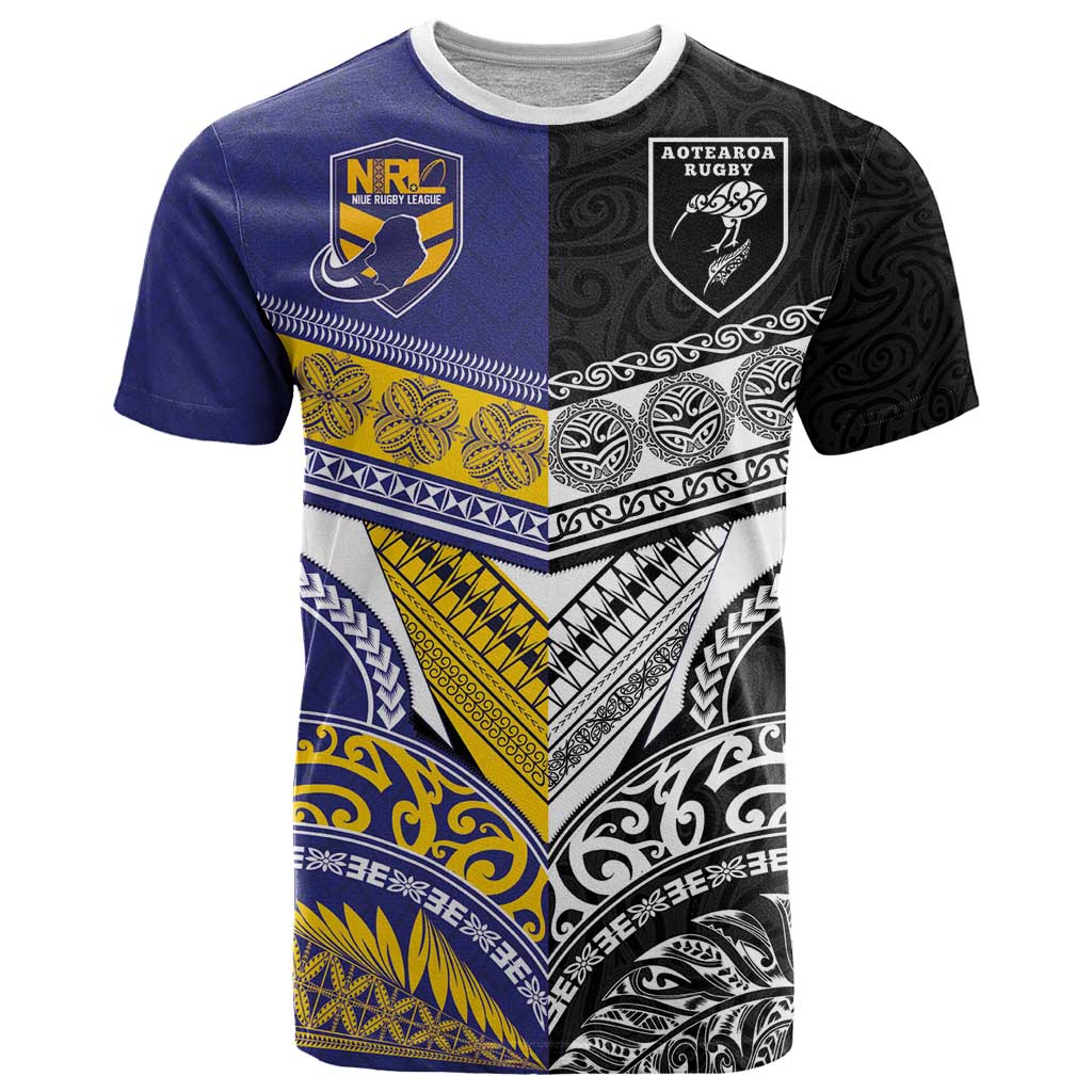 Custom Rugby Niue and Aotearoa T Shirt Hiapo with Maori Moko Tribal Heritage Tattoos LT03 Black - Polynesian Pride