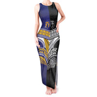 Custom Rugby Niue and Aotearoa Tank Maxi Dress Hiapo with Maori Moko Tribal Heritage Tattoos LT03 Women Black - Polynesian Pride