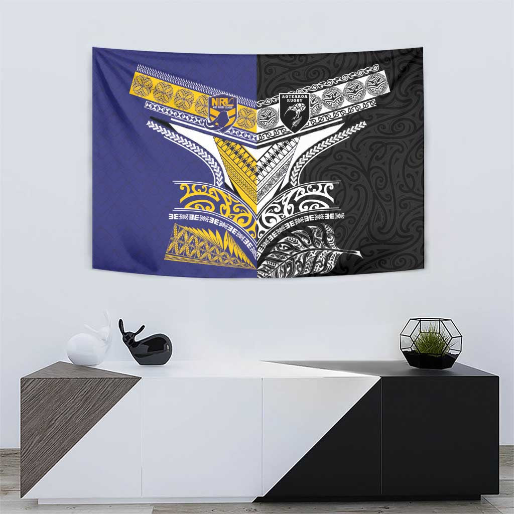 Rugby Niue and Aotearoa Tapestry Hiapo with Maori Moko Tribal Heritage Tattoos LT03 - Polynesian Pride