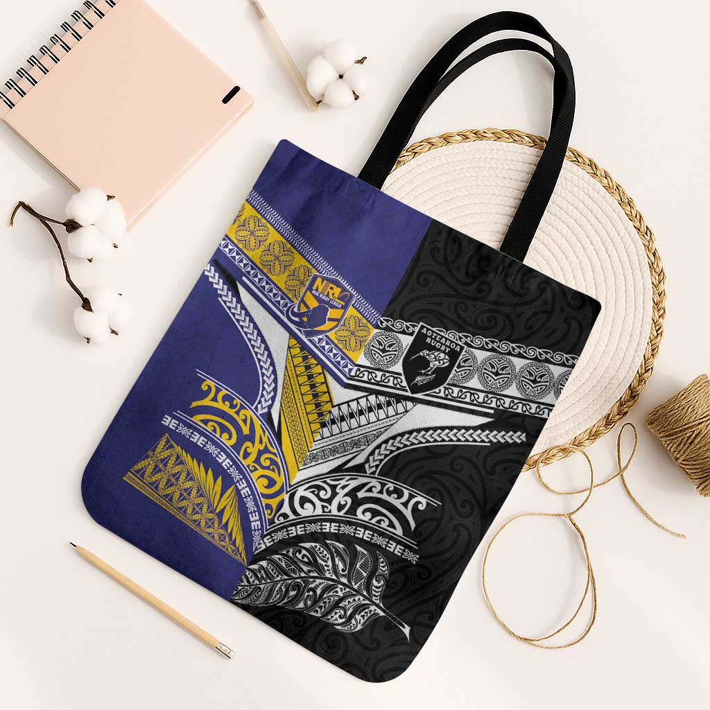 Rugby Niue and Aotearoa Tote Bag Hiapo with Maori Moko Tribal Heritage Tattoos LT03 Black Strap One Size Black - Polynesian Pride
