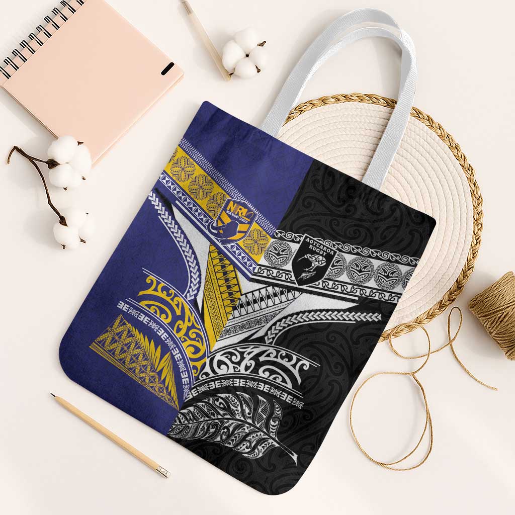 Rugby Niue and Aotearoa Tote Bag Hiapo with Maori Moko Tribal Heritage Tattoos LT03 White Strap One Size Black - Polynesian Pride
