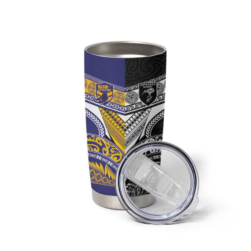 Custom Rugby Niue and Aotearoa Tumbler Cup Hiapo with Maori Moko Tribal Heritage Tattoos LT03 - Polynesian Pride