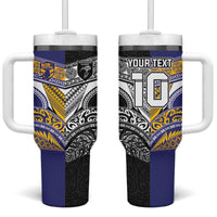 Custom Rugby Niue and Aotearoa Tumbler With Handle Hiapo with Maori Moko Tribal Heritage Tattoos LT03 One Size: 40 oz Black - Polynesian Pride