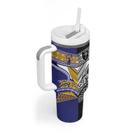 Custom Rugby Niue and Aotearoa Tumbler With Handle Hiapo with Maori Moko Tribal Heritage Tattoos LT03 - Polynesian Pride