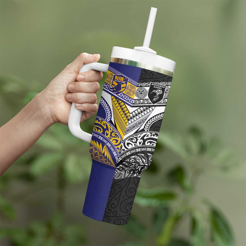 Custom Rugby Niue and Aotearoa Tumbler With Handle Hiapo with Maori Moko Tribal Heritage Tattoos LT03 - Polynesian Pride