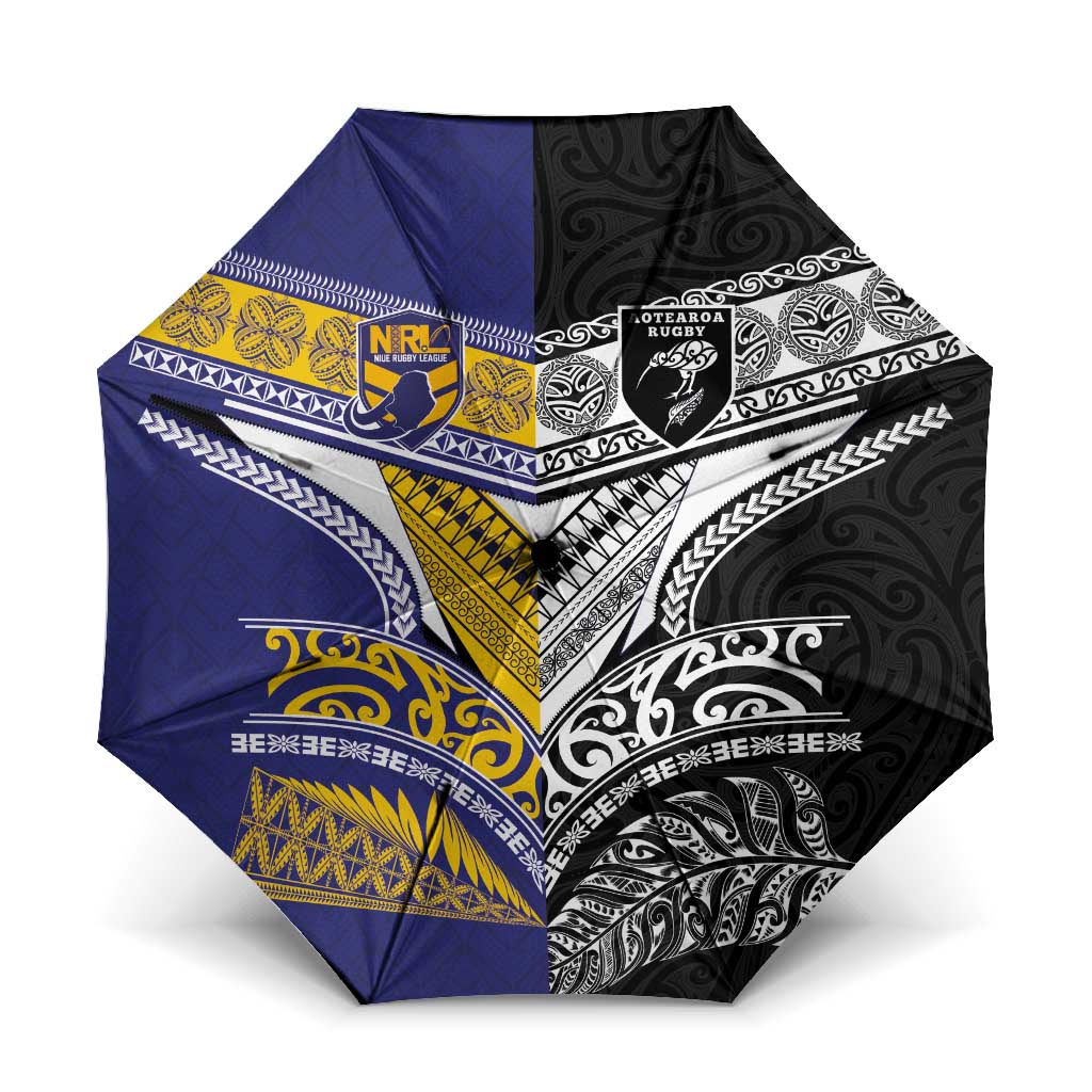 Rugby Niue and Aotearoa Umbrella Hiapo with Maori Moko Tribal Heritage Tattoos LT03 One Size Folded 11.42 inch Opened Diameter 37.4 inch Black - Polynesian Pride