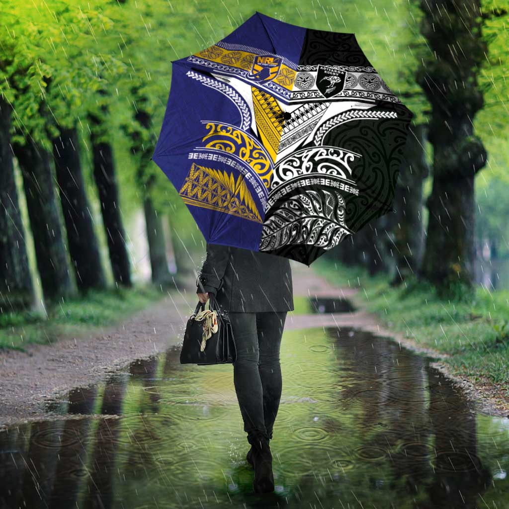 Rugby Niue and Aotearoa Umbrella Hiapo with Maori Moko Tribal Heritage Tattoos LT03 - Polynesian Pride
