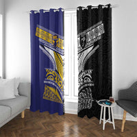 Rugby Niue and Aotearoa Window Curtain Hiapo with Maori Moko Tribal Heritage Tattoos LT03 With Grommets Black - Polynesian Pride