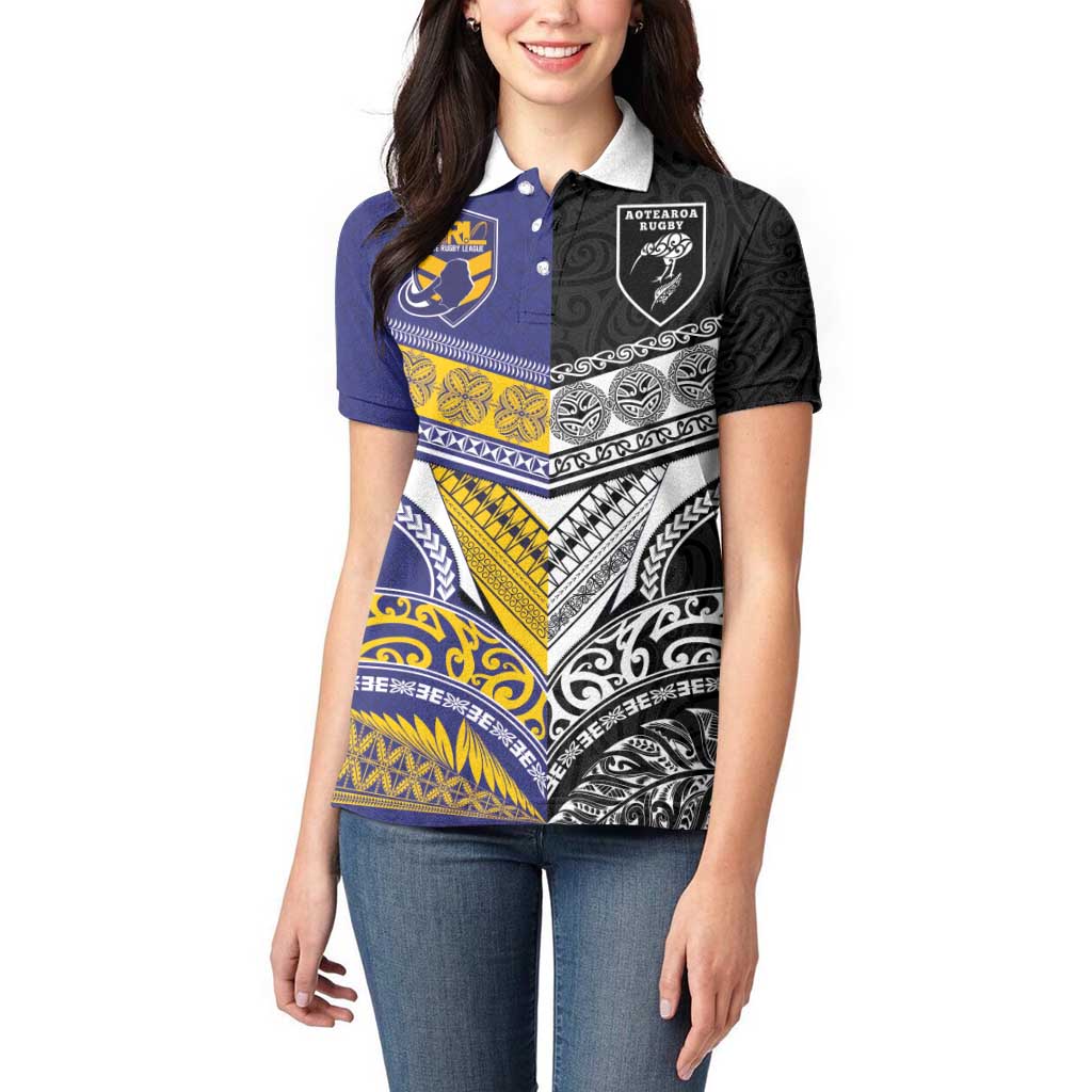 Custom Rugby Niue and Aotearoa Women Polo Shirt Hiapo with Maori Moko Tribal Heritage Tattoos - Polynesian Pride