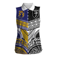 Custom Rugby Niue and Aotearoa Women Sleeveless Polo Shirt Hiapo with Maori Moko Tribal Heritage Tattoos LT03 Female Black - Polynesian Pride