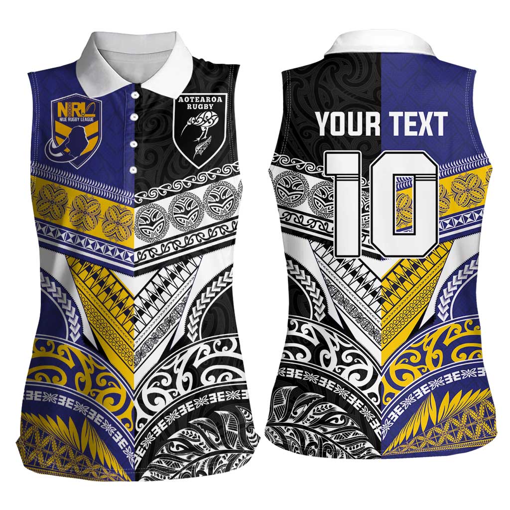 Custom Rugby Niue and Aotearoa Women Sleeveless Polo Shirt Hiapo with Maori Moko Tribal Heritage Tattoos LT03 - Polynesian Pride
