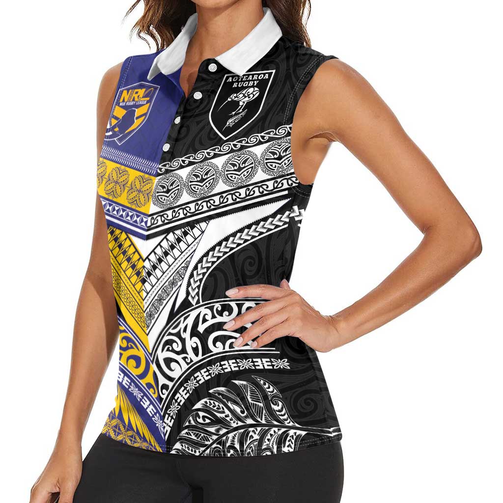 Custom Rugby Niue and Aotearoa Women Sleeveless Polo Shirt Hiapo with Maori Moko Tribal Heritage Tattoos LT03 - Polynesian Pride