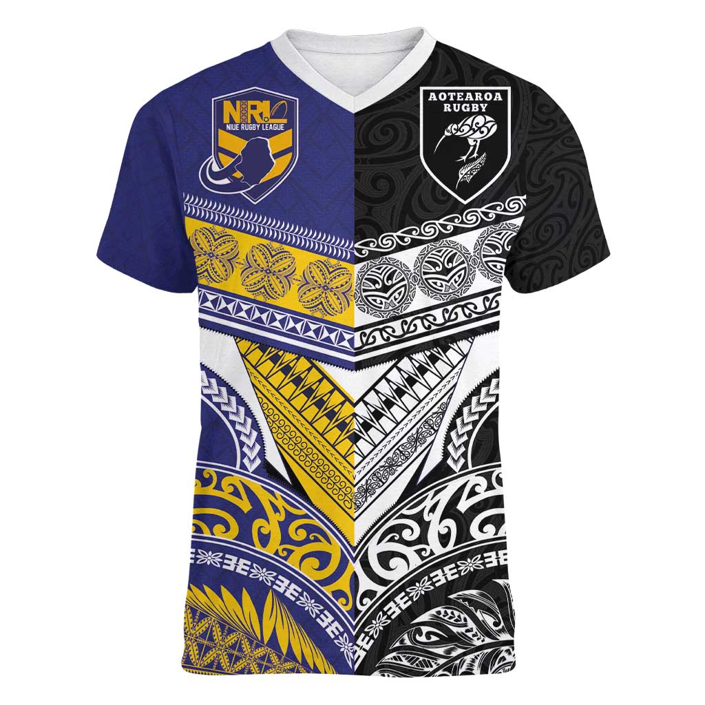 Custom Rugby Niue and Aotearoa Women V-Neck T-Shirt Hiapo with Maori Moko Tribal Heritage Tattoos LT03 Female Black - Polynesian Pride