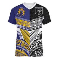 Custom Rugby Niue and Aotearoa Women V-Neck T-Shirt Hiapo with Maori Moko Tribal Heritage Tattoos LT03 Female Black - Polynesian Pride